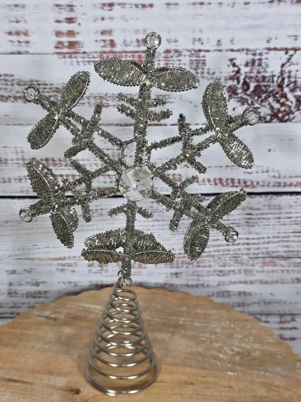 VTG Silver Beaded Metal Sparkle Star Snowflake Roud Tree Topper